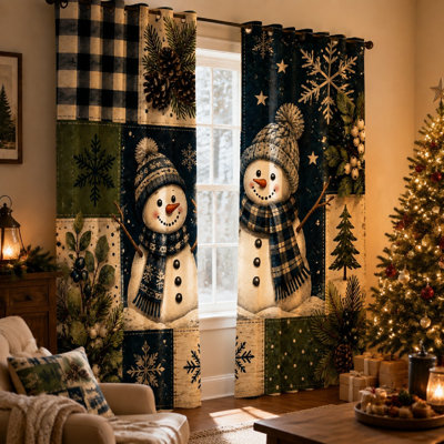2 pièces de rideaux en patchwork de bonhomme de neige festif, conception matelassée Winter Wonderland, décoration de vacances confortable, pour la décoration de Noël pour la maison