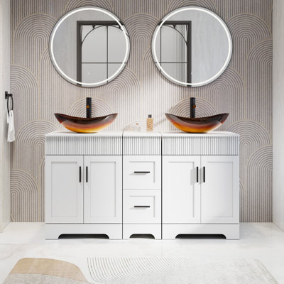 Ensemble de meuble-lavabo à double cuve 60 "avec plateau en bois manufacturé, lavabos vasques, robinets et drains, peinture résistante à l'eau