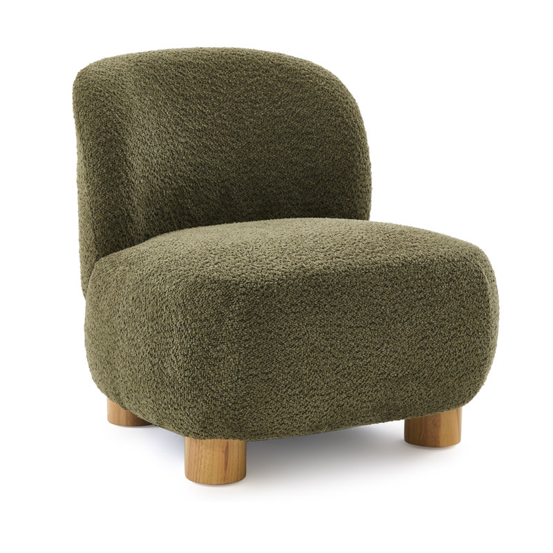 Organic Modern Boucle Upholstered Low-Profile Slipper Accent Chair with Solid Wood Legs, Olive Green