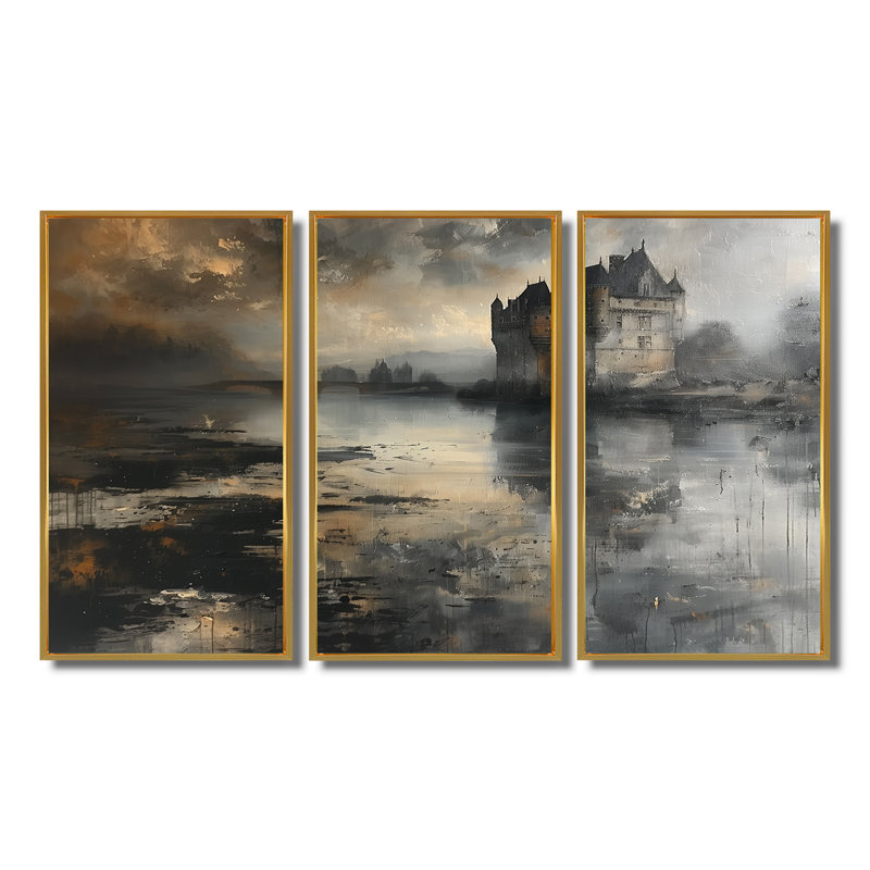 - Ensemble d'impressions murales Chateaus, H 28 po x l 36 po x P 1 po, Toile avec cadre flottant or