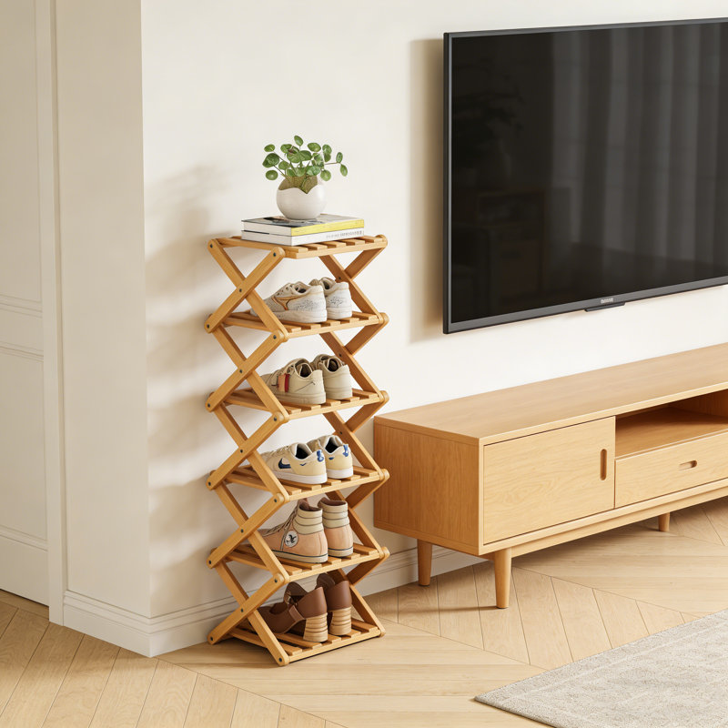 Folding Bamboo Shoe Rack – Portable, No-Assembly Mini Shoe Organizer For Small Spaces, 36.61" H x 10.23" W x 10.62" D