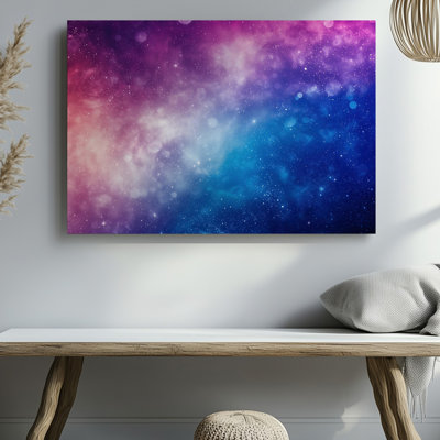 La toile crée un fond cosmique envoûtant avec un mélange vibrant d'art mural, des teintes de rose, de mauve et de bleu se fondant parfaitement dans l'art mural sur toile