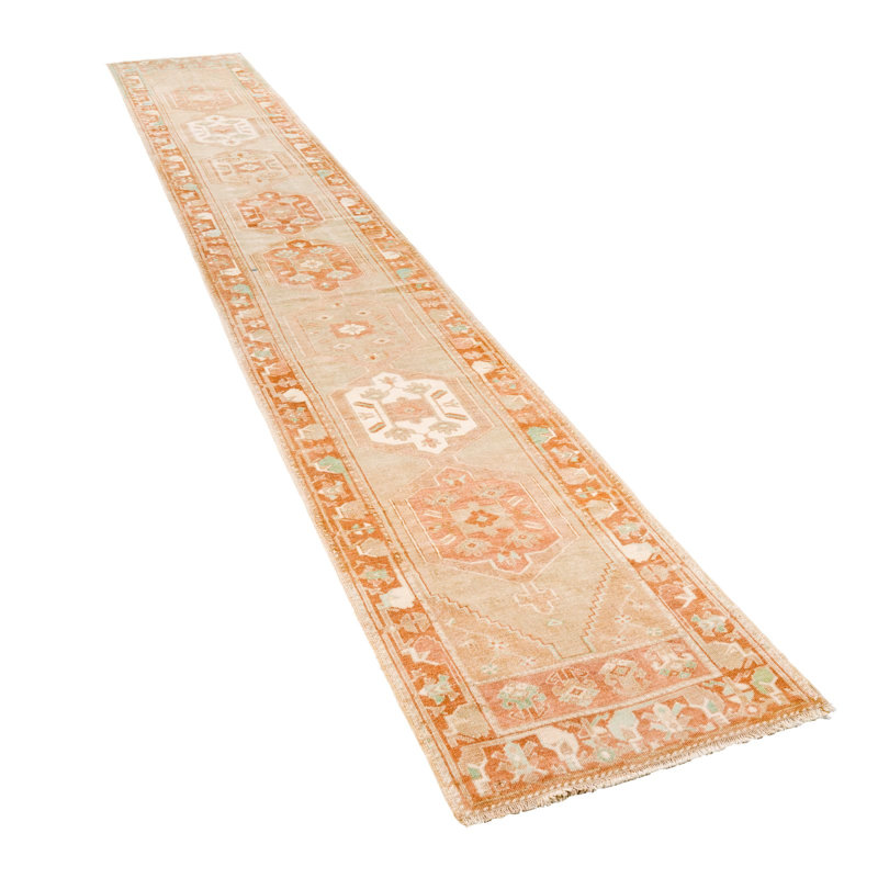 Vintage Handmade 2X17 Beige And Orange Anatolian Turkish Tribal Distressed Area Runner