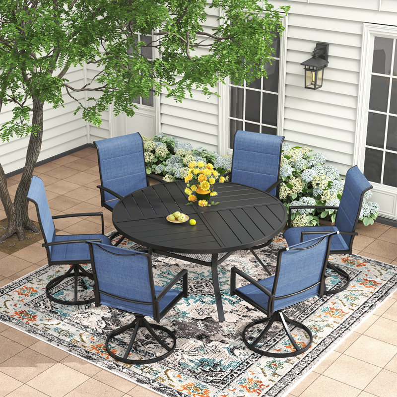 Ensemble repas d'extérieur pour 6 personnes avec chaise pivotante, Noir / Bleu