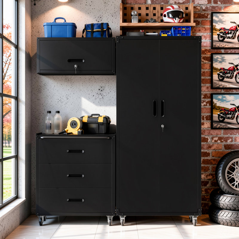 Ensemble de rangement pour outils de garage 3 pièces, armoire murale et chariot à outils roulant + armoire perforée haute, avec tiroirs, système d'organisation verrouillable en acier