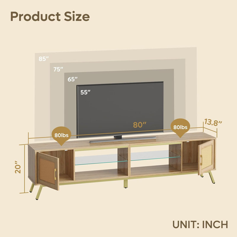80 Inch Natural Rattan TV Stand with LED Lights and Storage