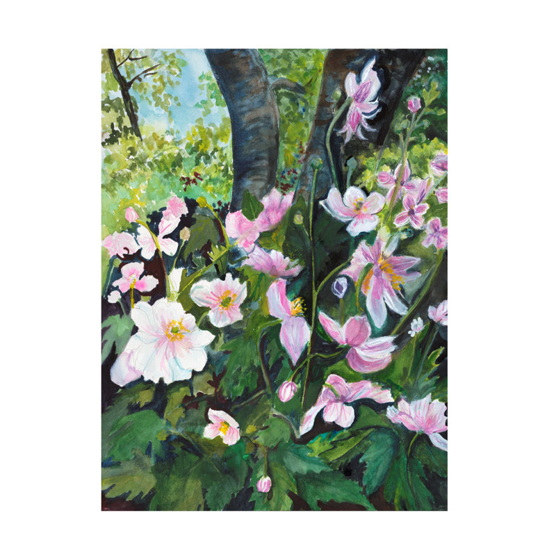 Joanne Porter, fleurs roses et arbres, art sur toile, H 35 po x l 47 po