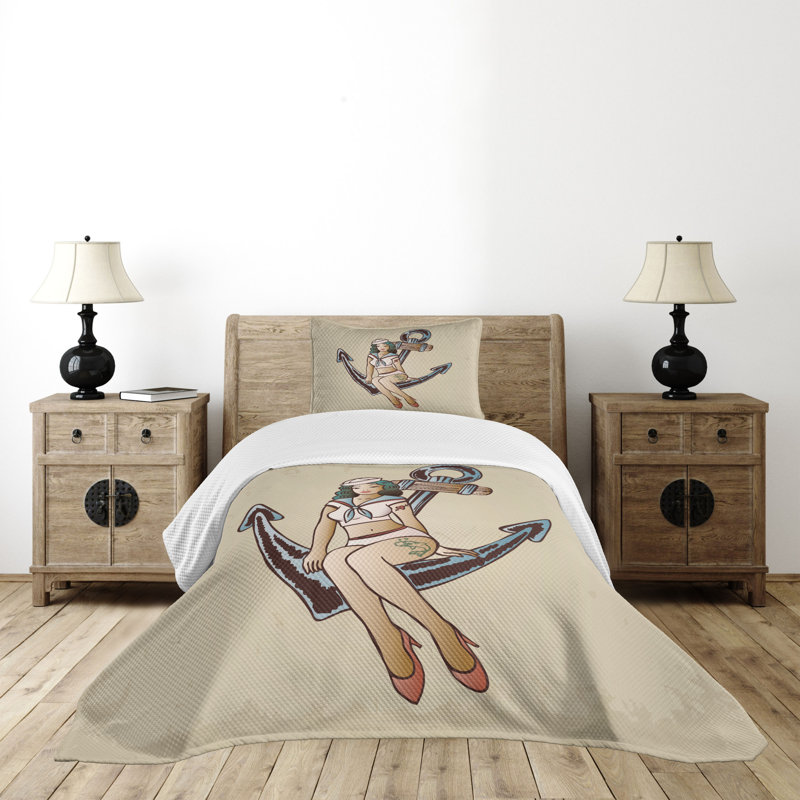 Twin White Quilted Bedspread Set with Anchor Design