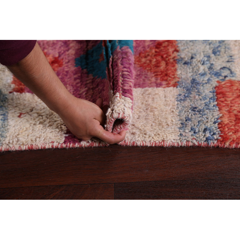 Tapis rouge en laine noué à la main de conception unique 7 pi 11 po x 10 pi 8 po marocain
