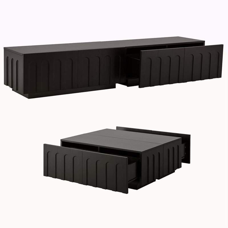 Élégant meuble télé et table basse, ensemble de 2, console multimédia multifonctionnelle avec un design arqué pour les téléviseurs de 80 po ou moins, table centrale moderne à double usage avec tiroirs pour le salon, la chambre à coucher