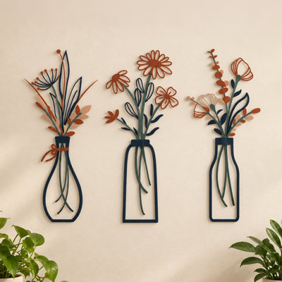 3Pcs Metal Flowers Wall Art, Rustic Farmhouse Floral Wall Decor, Wall Sculpture for Living Room Bedroom Bathroom, Housewarming Gift