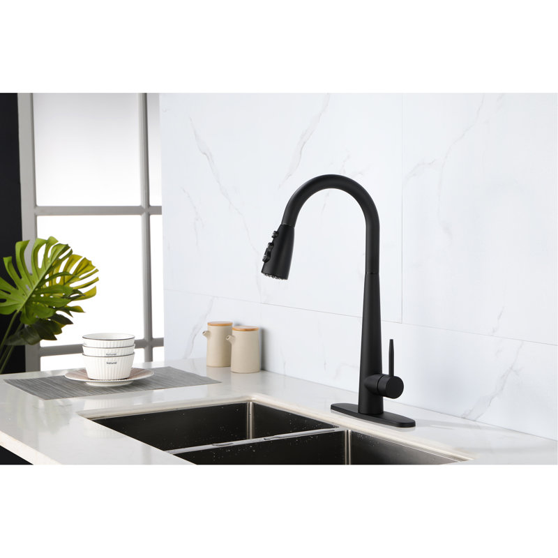 Robinet à poignée simple en acier inoxydable avec évier rétractable pour la cuisine, système de couleur noir mat, buse à grande arche rotative à 360 °, trois modes de sortie d'eau, jet, température sans effort et