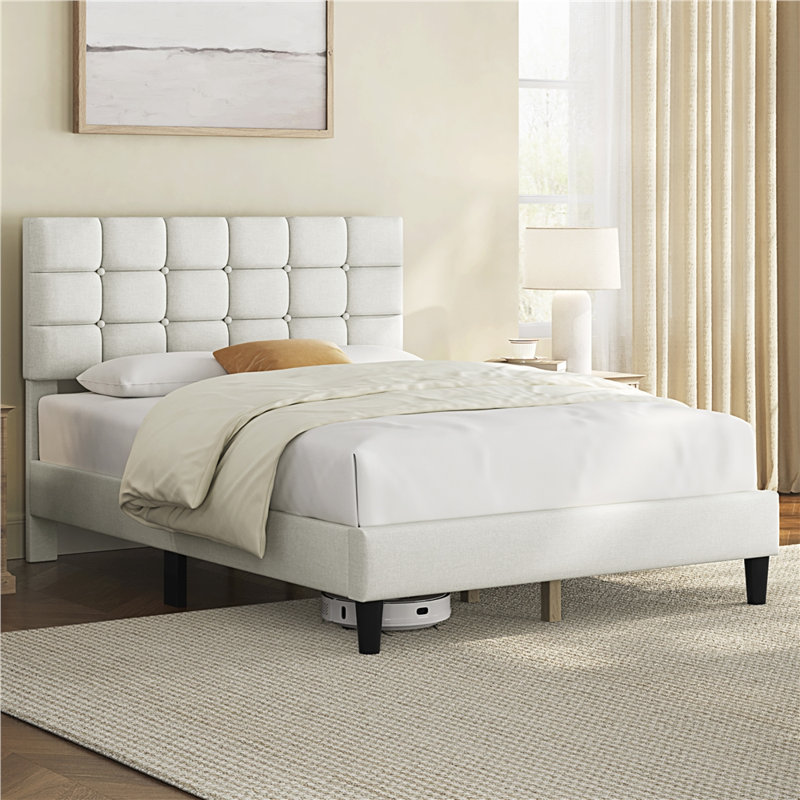 Lit plateforme tapissier Contemporary, Double, Beige