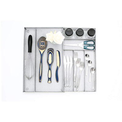 Utensil Drawer Organizer - Expandable Cutlery Tray, Silverware/Flatware Storage Divider For Kitchen, Mesh Designing With Non-Slip Rubber Feet (Silver)