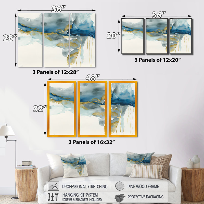 «Through the sapphire bleu nuages», reproduction sur toile 3 pièces, Toile encadrée noire, H 28 po x l 36 po x P 1 po