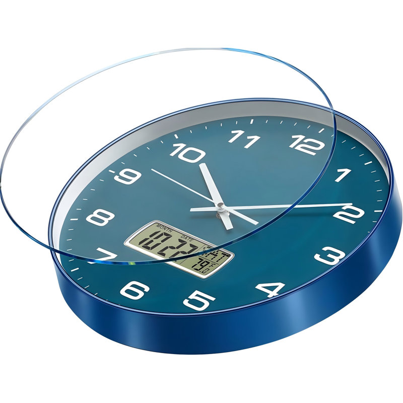 Horloge murale, cadran 12 po, analogique à pile, avec affichage à cristaux liquides pour calendrier perpétuel et température F °, idéal pour une maison moderne, une chambre à coucher, une cuisine, un bureau (bleu)