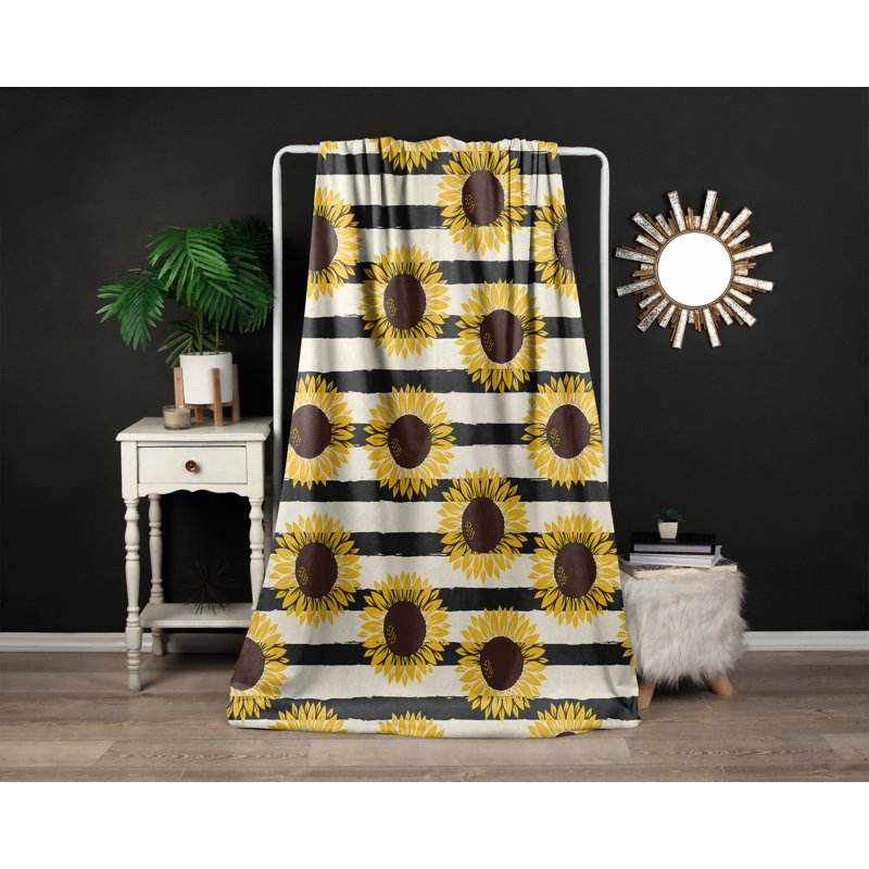 Throw Blanket, 51" W x 60" L, Striped/Floral, Yellow/Black/White