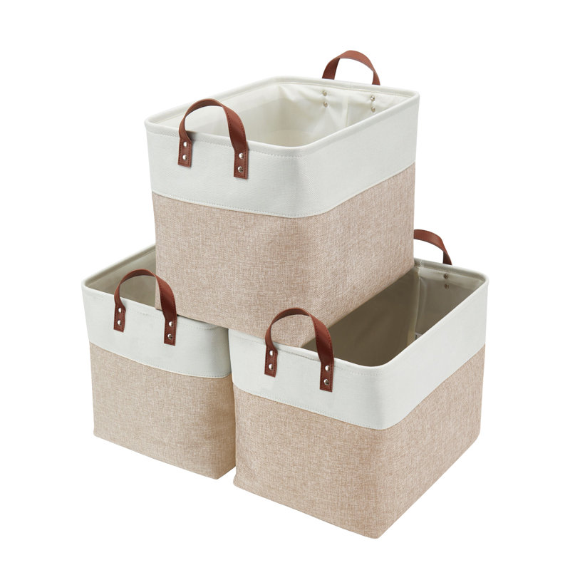 Foldable Storage Bin | Collapsible Sturdy Fabric Storage Basket Container W/Handles, Beige
