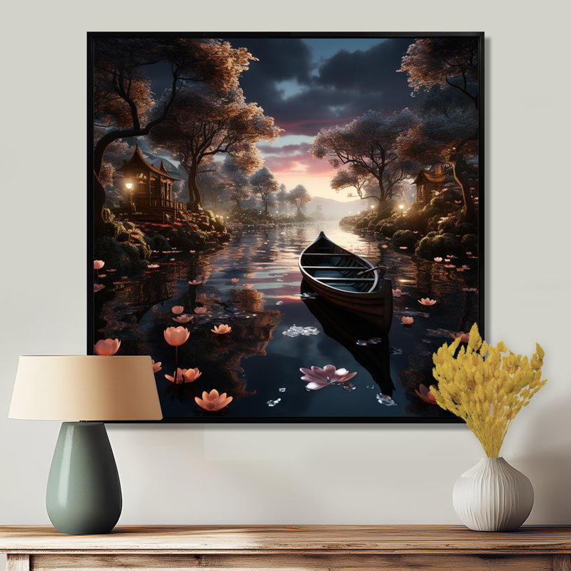 «Dinghy Floating On Misty Magic Lotus Pond - Lake», reproduction d'art murale, H 16 po x l 16 po