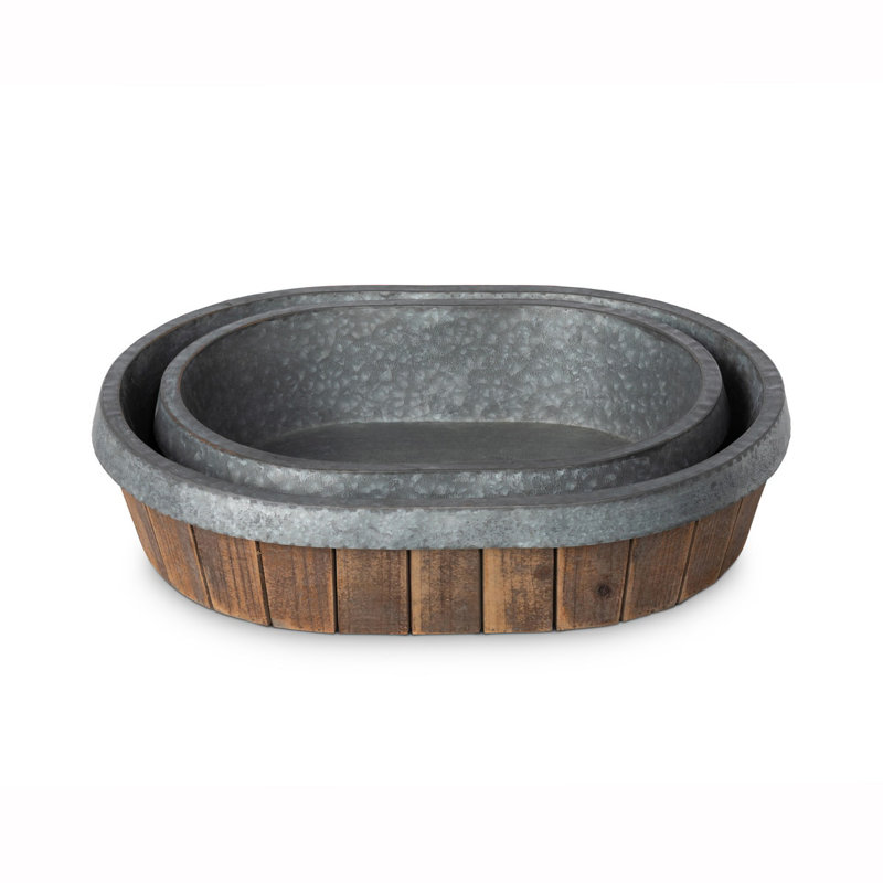 Rustic Brown and Gray Wood and Galvanized Metal Oval Planter Set