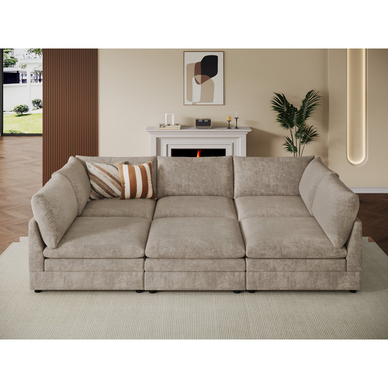 Canapé-lit d'angle modulaire rembourré de 6 pièces, Brown Chenille, 34.65" H x 98.03" W x 63.78" D