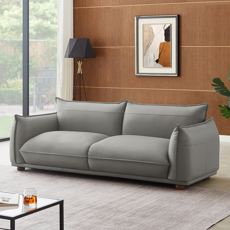 89" Genuine Leather Sofa Modern Living Room Couch, Gray Genuine Leather