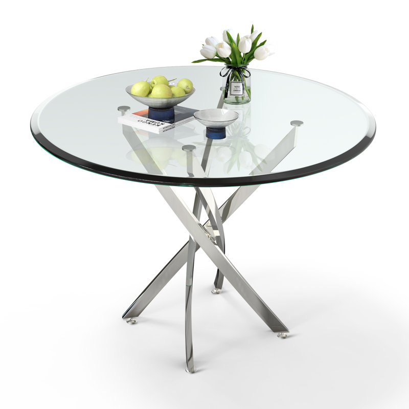 5 - Piece Glass Top Pedestal Dining Set, Silver, White/Silver