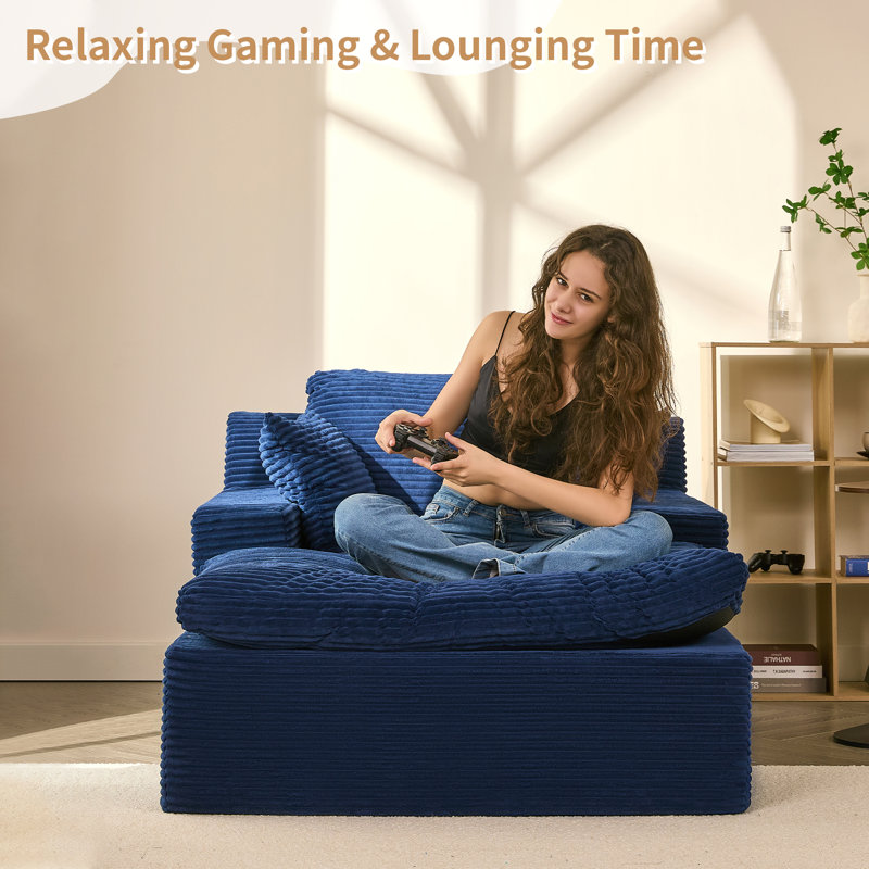 Corduroy Chaise Lounge Chair with Removable Washable Cover, No Assembly, Anti-Slip Base for Living Room & Bedroom, Blue