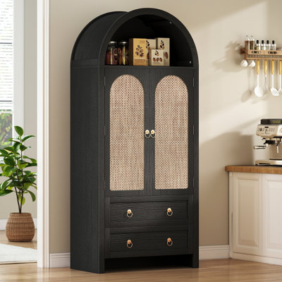 71" Tall Arched Kitchen Pantry Storage Cabinet With Rattan Doors,Wood Pantry Cabinet With 2 Drawers And 6 Shelves For Dining Room, Living Room,Black