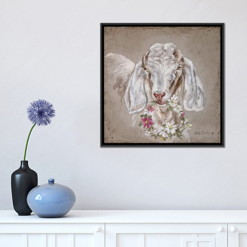 «Goat with Wreath», peinture sur toile, H 26 po x l 26 po x P 1,5 po, Toile avec cadre noir, Pas de tapis