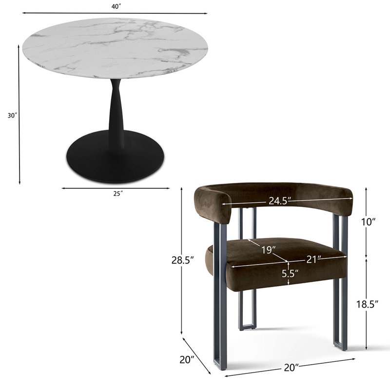 4-Person 40" Round Dining Set with Velvet Chairs, Mink