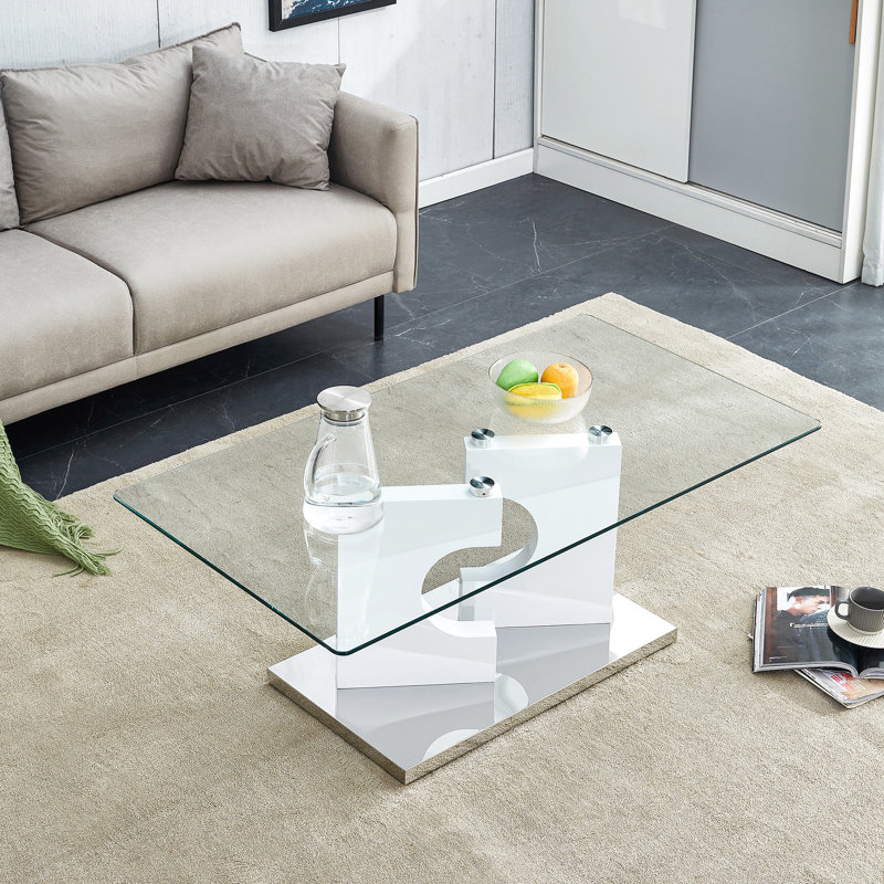 Table basse rectangulaire en verre trempé avec pieds blancs pour la décoration de l'assemblage du salon