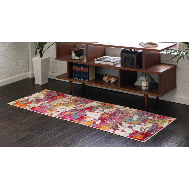 Tapis rose à motif abstrait Elvia, Tapis de couloir 2 pi 7 po x 10 pi