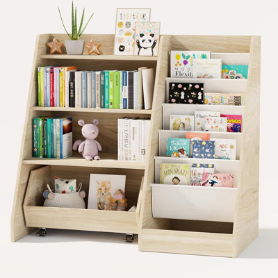 Kids Bookshelf and Toy Storage, 4 Tier Toddler Bookshelf with Movable Drawer 5 Sling Pockets, Montessori Book Shelf for Kids Room, Playroom, Nursery