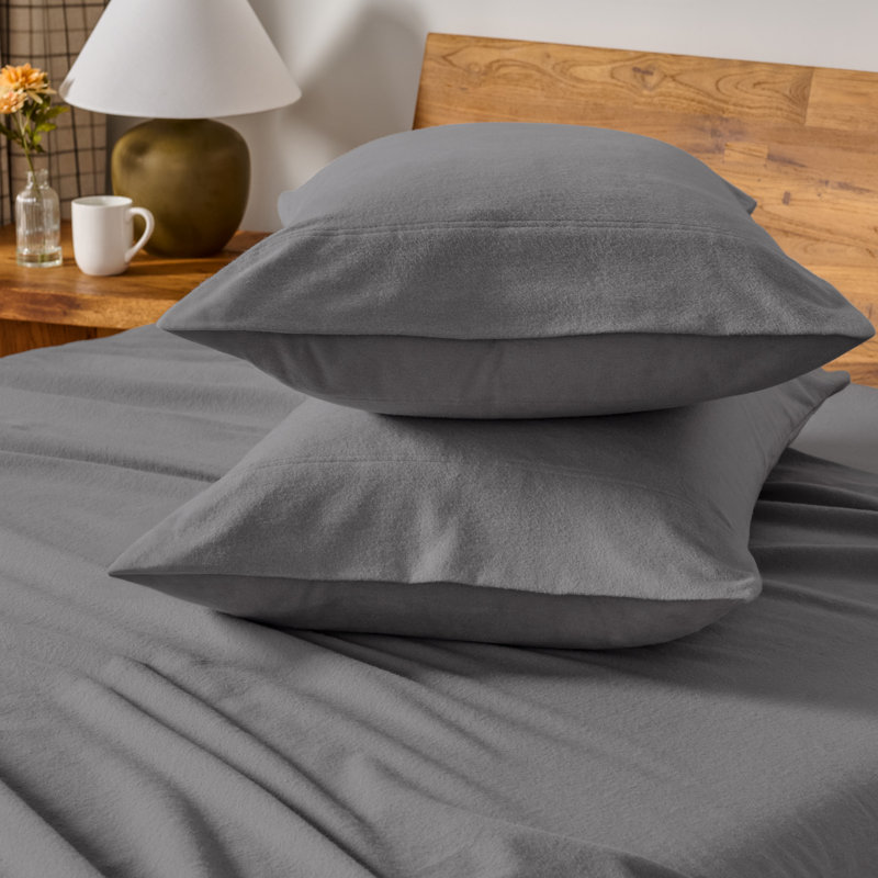 Housse de coussin 100% flanelle de coton, Gris, 2 taies d'oreiller standard