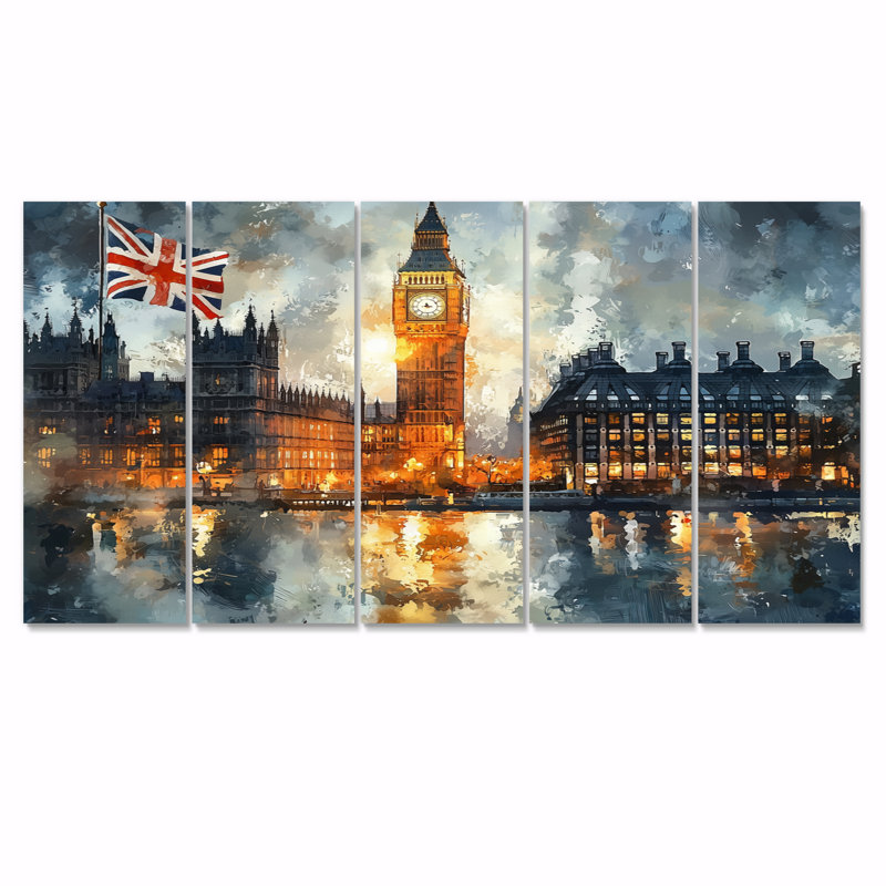 London Big Ben Landscape Glow II - City London Wall Decor - Art mural traditionnel 5 pièces, H 28 po x l 60 po