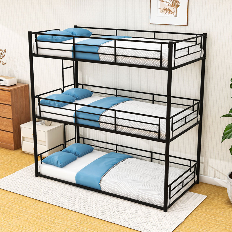 Metal Triple Bunk Bed with Full-Length Guardrails, Quiet Slat Support System, Twin Over Twin Over Twin, Black