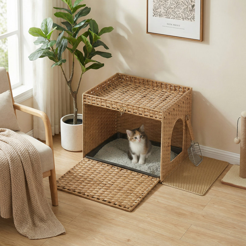 Meuble à litière en rotin tissé à la main Boho avec tapis de litière supplémentaire et plateau lavable amovible, Jaune