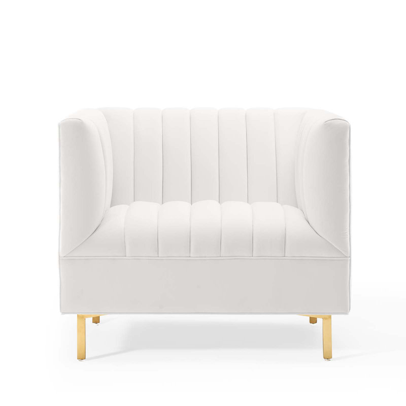 White Velvet Channel Tufted Barrel Accent Chair