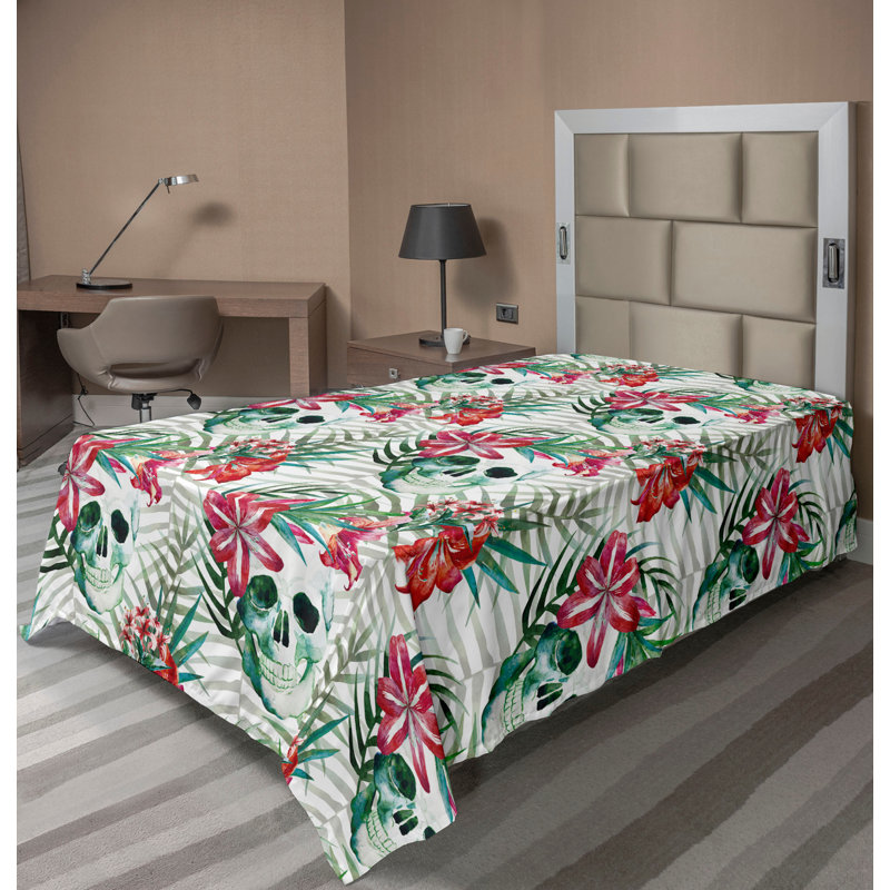 Ambesonne Floral Design Flat Sheet Watercolor Skull Art Dark Coral Jade Green