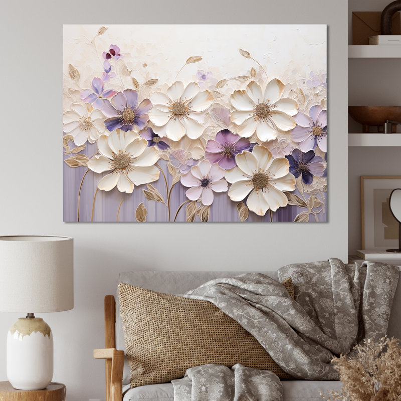 Violettes ornées beige et mauve I - Violettes, reproductions encadrées, H 34 po x l 44 po x P 1,5 po, Toile tendue