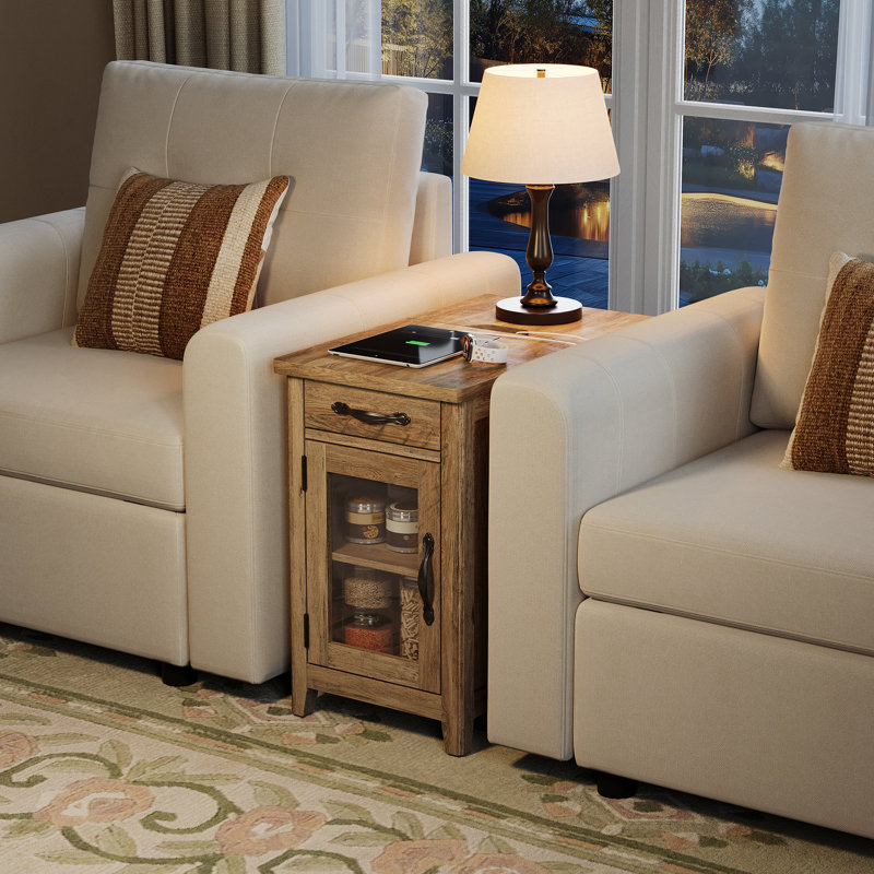 Aneshia End Table with Storage and Charging Station, Brown Top/Brown Base