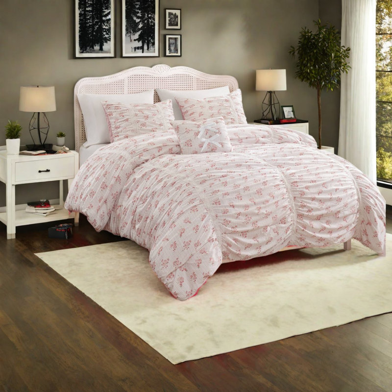 Ensemble de literie rose simple pour lit simple et simple TG, 3 pièces en microfibre froncée, chambre à coucher à motif floral