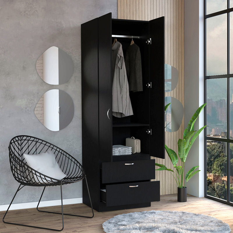 Armoire haute en mélamine avec deux portes et deux tiroirs Mayer, 76.9" H x 23.4" W x 19.6" D, Noir