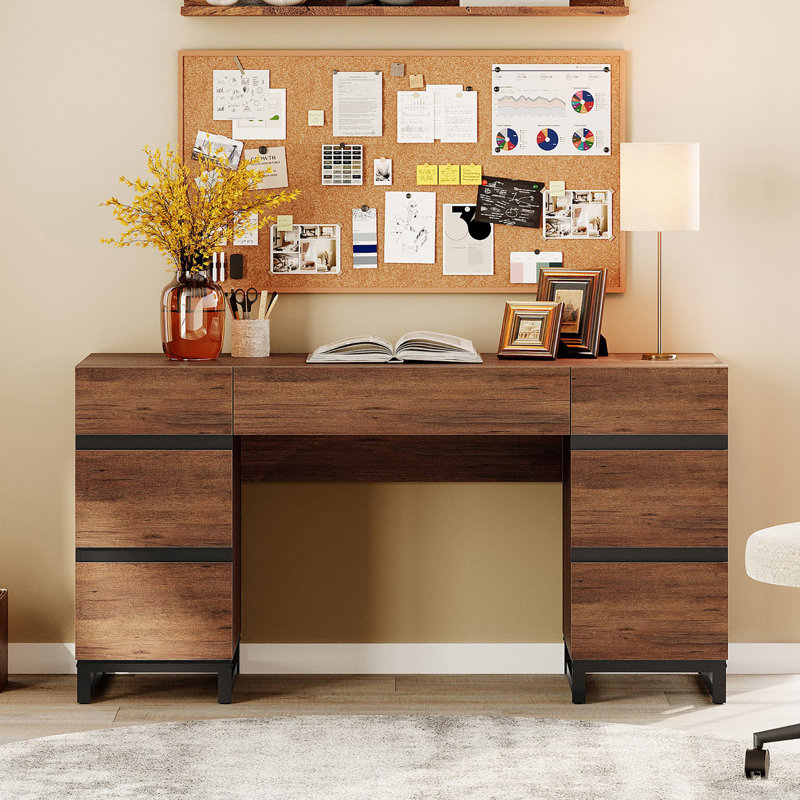 59" Modern Executive Desk With Drawers, Wood Computer Writing Desk With Charging Station, Office Desk For Bedroom, Living Room, Home Office