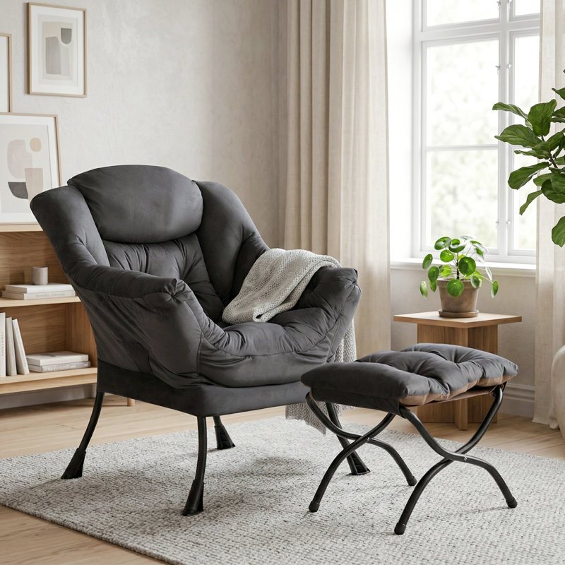 Armchair Accent Chair Lazy Chair with Footstool, Dark Grey