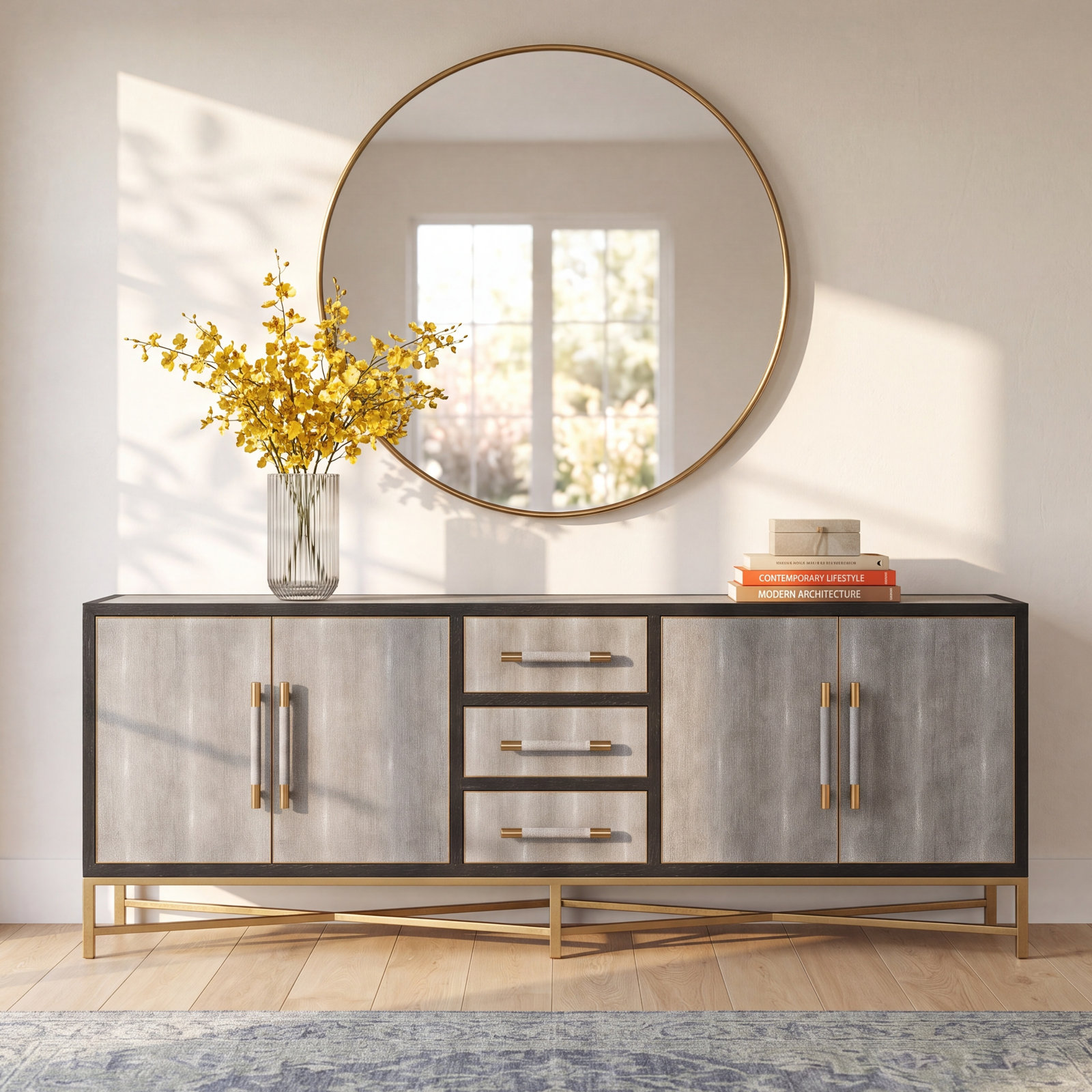 Meera 100" Sideboard, Gray/Gold