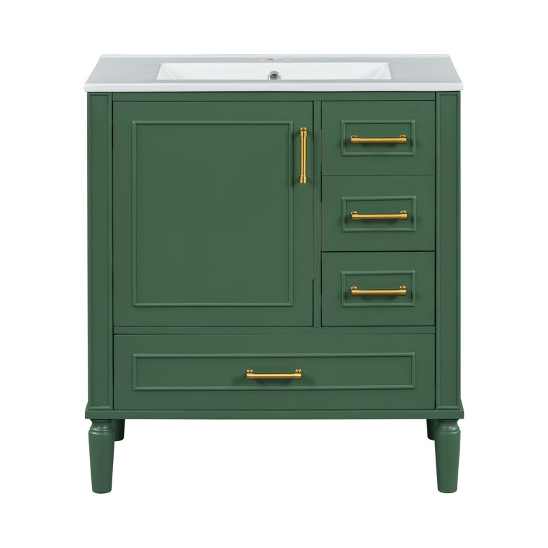 Meuble-lavabo sur pied traditionnel 30 po - 3 tiroirs, portes à fermeture douce, longues poignées en métal doré - parfait pour les petites salles de bain