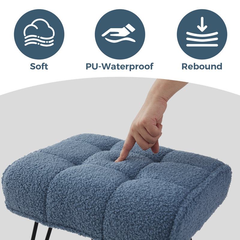 Teddy Fleece Upholstered Vanity Stool With Metal Legs , Blue Gray, Blue Gray