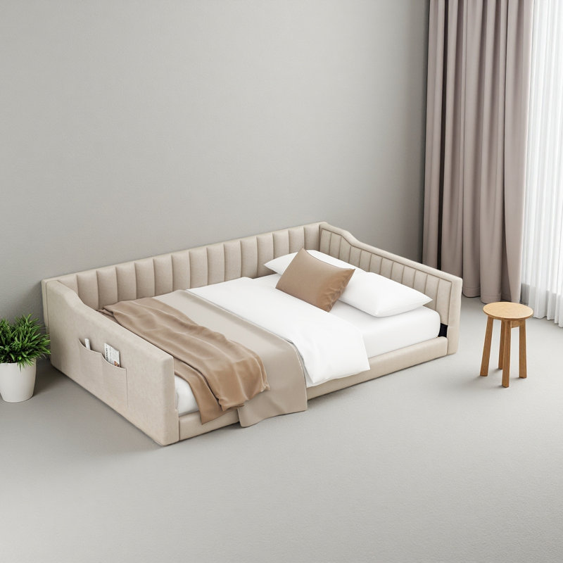 Upholstery Daybed And Side Storage Pocket, Beige, Full/Double